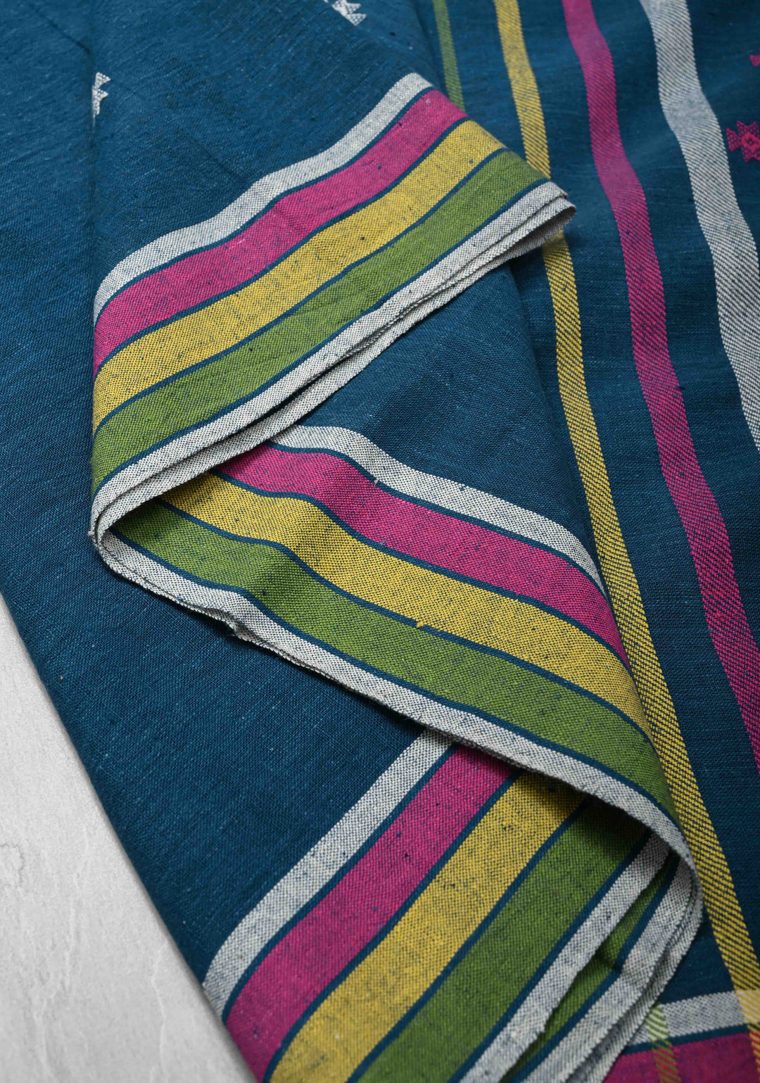Peacock Blue Handloom Bhujodi Kala Cotton Saree with Meenakari Resham Buttas And Multicolor Stripes border