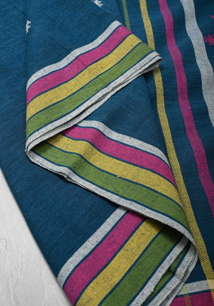 Peacock Blue Handloom Bhujodi Kala Cotton Saree with Meenakari Resham Buttas And Multicolor Stripes border