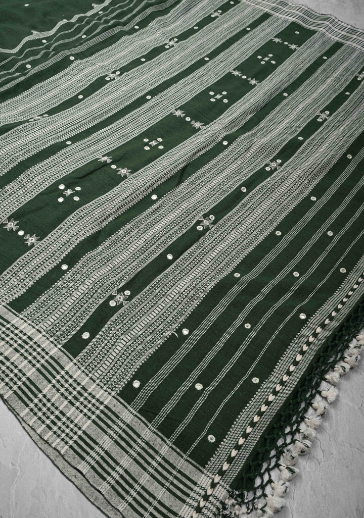Green Bhujodi Kala Cotton Saree with Resham Buttas And mirror embroidery and honeycomb tassels