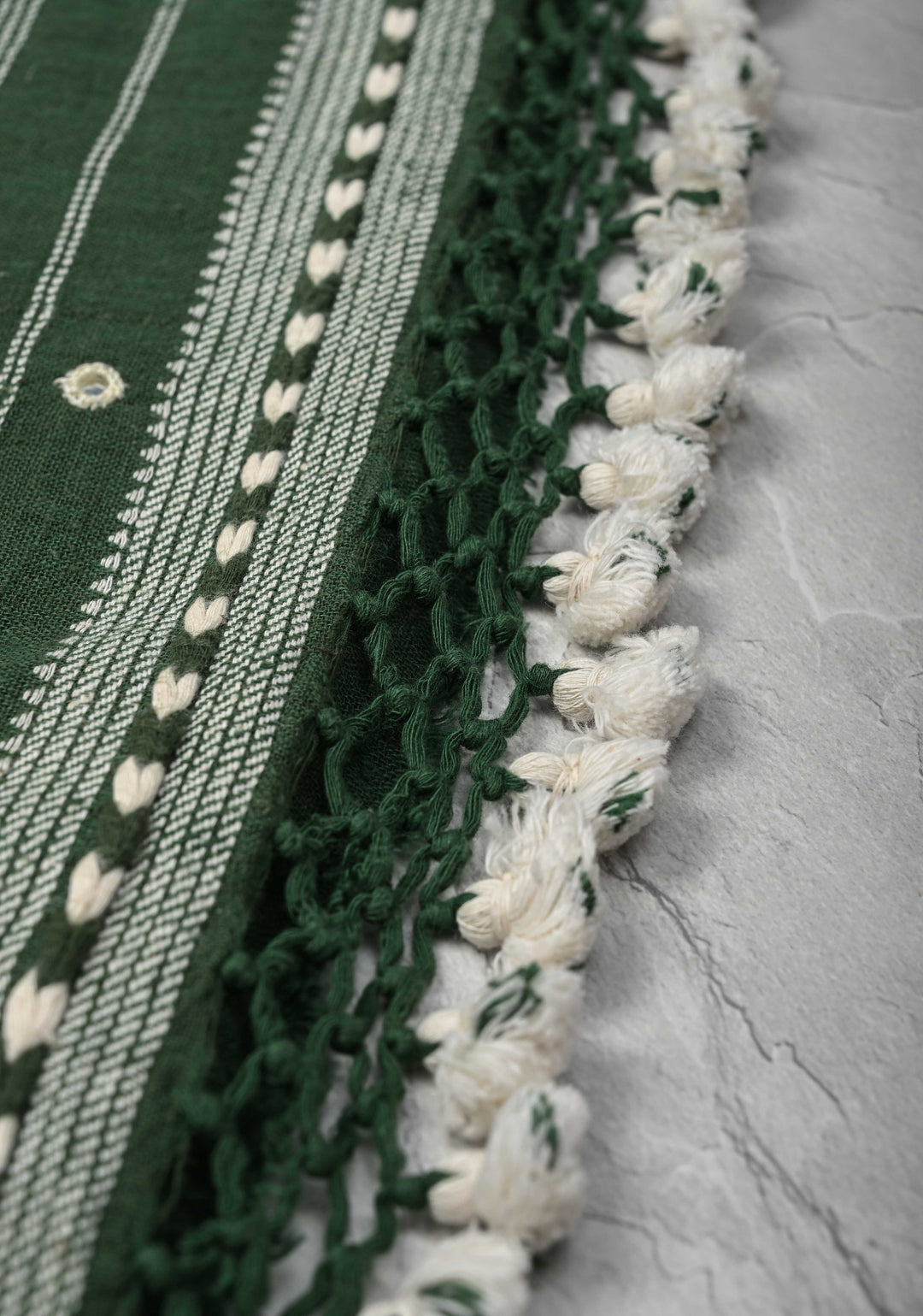 Green Bhujodi Kala Cotton Saree with Resham Buttas And mirror embroidery and honeycomb tassels