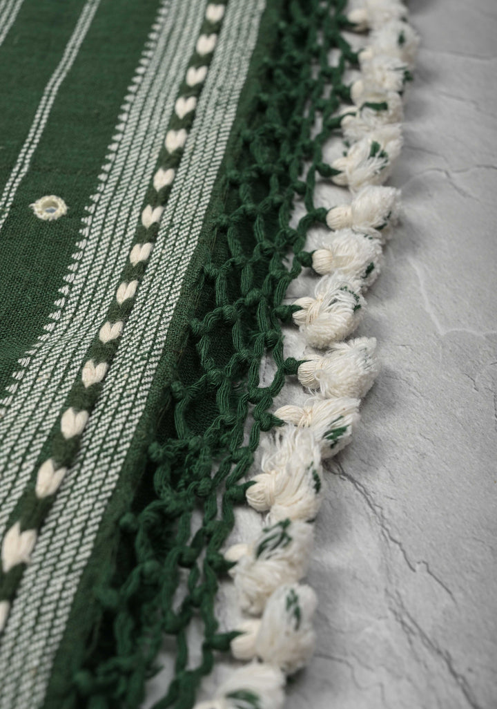 Green Bhujodi Kala Cotton Saree with Resham Buttas And mirror embroidery and honeycomb tassels