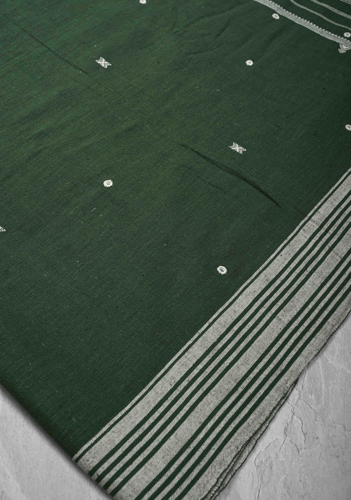 Green Bhujodi Kala Cotton Saree with Resham Buttas And mirror embroidery and honeycomb tassels