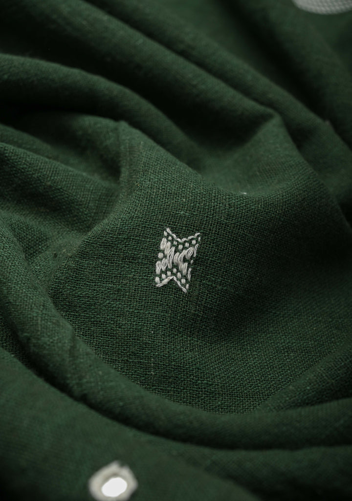 Green Bhujodi Kala Cotton Saree with Resham Buttas And mirror embroidery and honeycomb tassels
