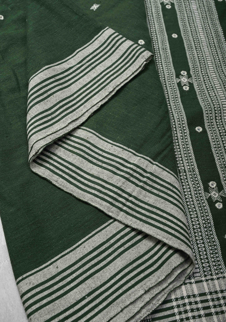 Green Bhujodi Kala Cotton Saree with Resham Buttas And mirror embroidery and honeycomb tassels