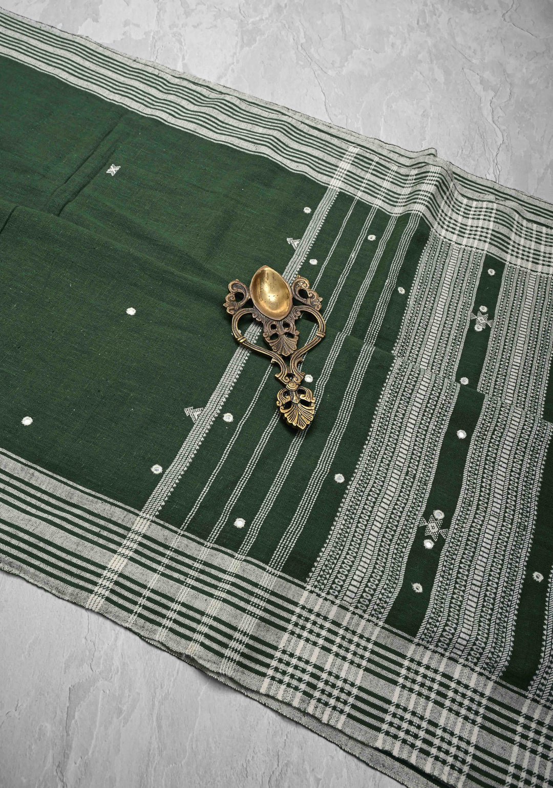 Green Bhujodi Kala Cotton Saree with Resham Buttas And mirror embroidery and honeycomb tassels