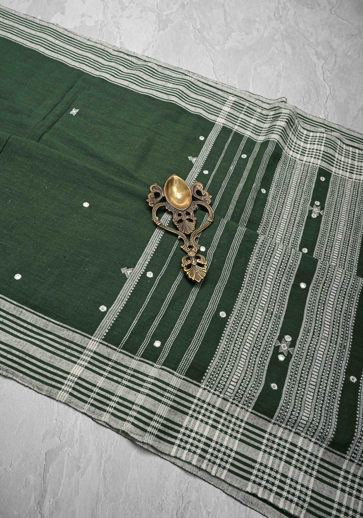 Green Bhujodi Kala Cotton Saree with Resham Buttas And mirror embroidery and honeycomb tassels