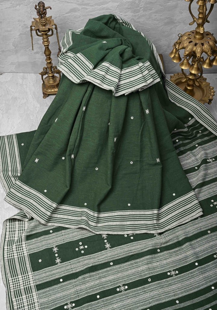 Green Bhujodi Kala Cotton Saree with Resham Buttas And mirror embroidery and honeycomb tassels