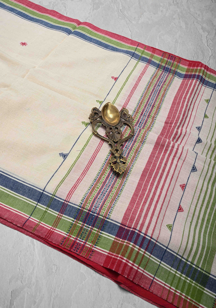 Off-White Bhujodi Kala Cotton Saree with Meenakari Resham Buttas And Multicolor Stripes border  and honeycomb tassels