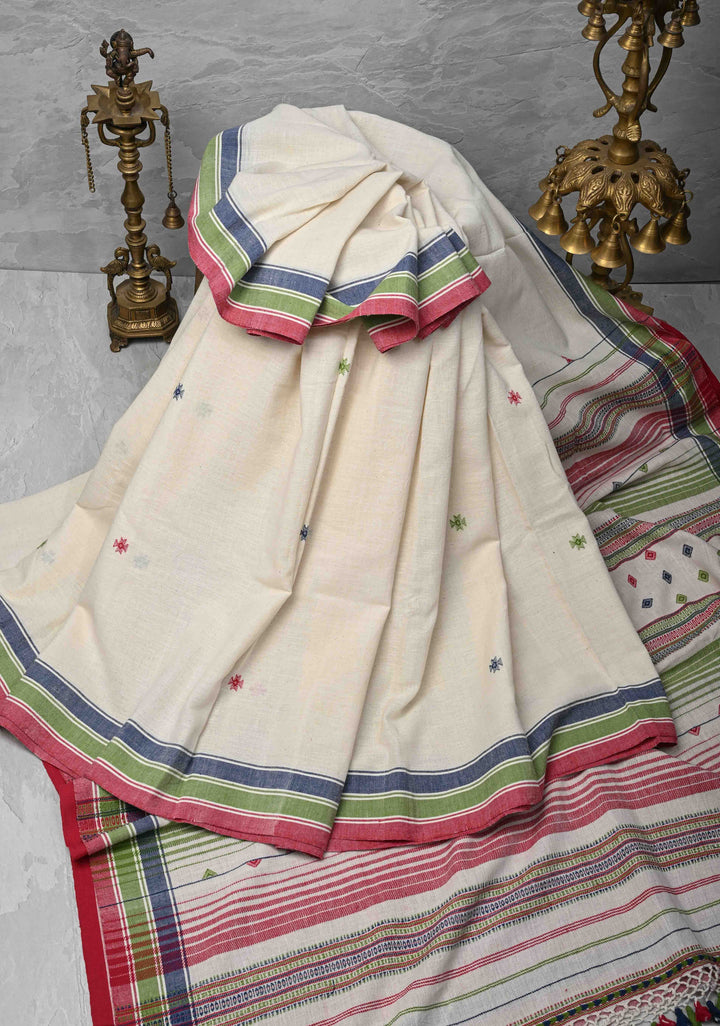 Off-White Bhujodi Kala Cotton Saree with Meenakari Resham Buttas And Multicolor Stripes border  and honeycomb tassels