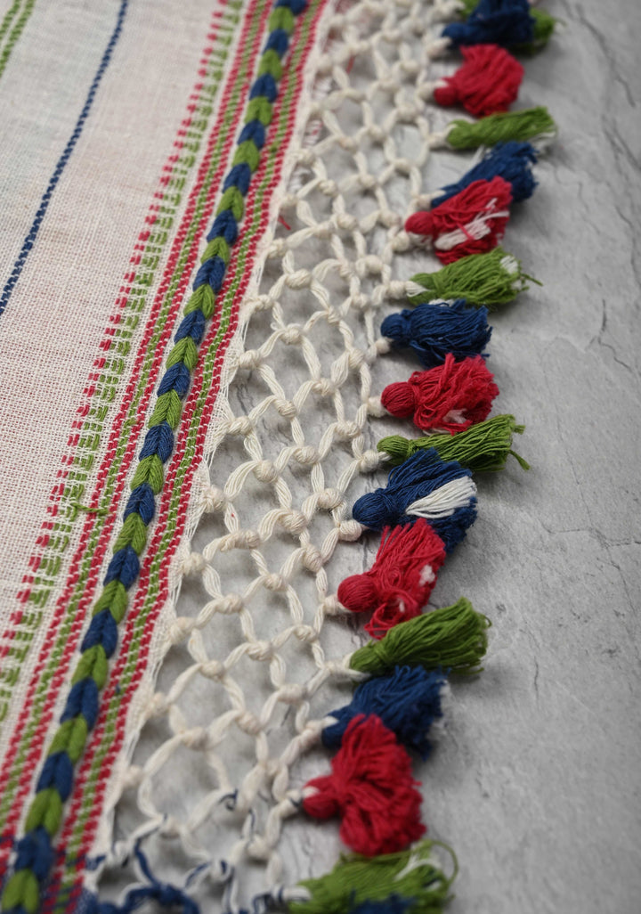 Off-White Bhujodi Kala Cotton Saree with Meenakari Resham Buttas And Multicolor Stripes border  and honeycomb tassels