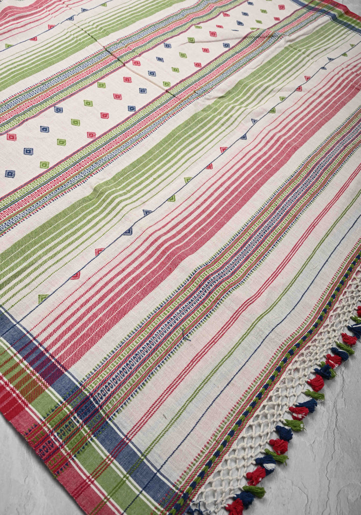 Off-White Bhujodi Kala Cotton Saree with Meenakari Resham Buttas And Multicolor Stripes border  and honeycomb tassels