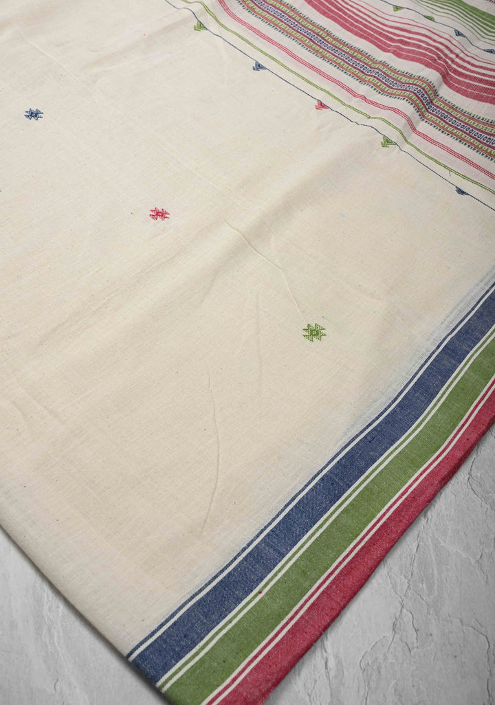 Off-White Bhujodi Kala Cotton Saree with Meenakari Resham Buttas And Multicolor Stripes border  and honeycomb tassels