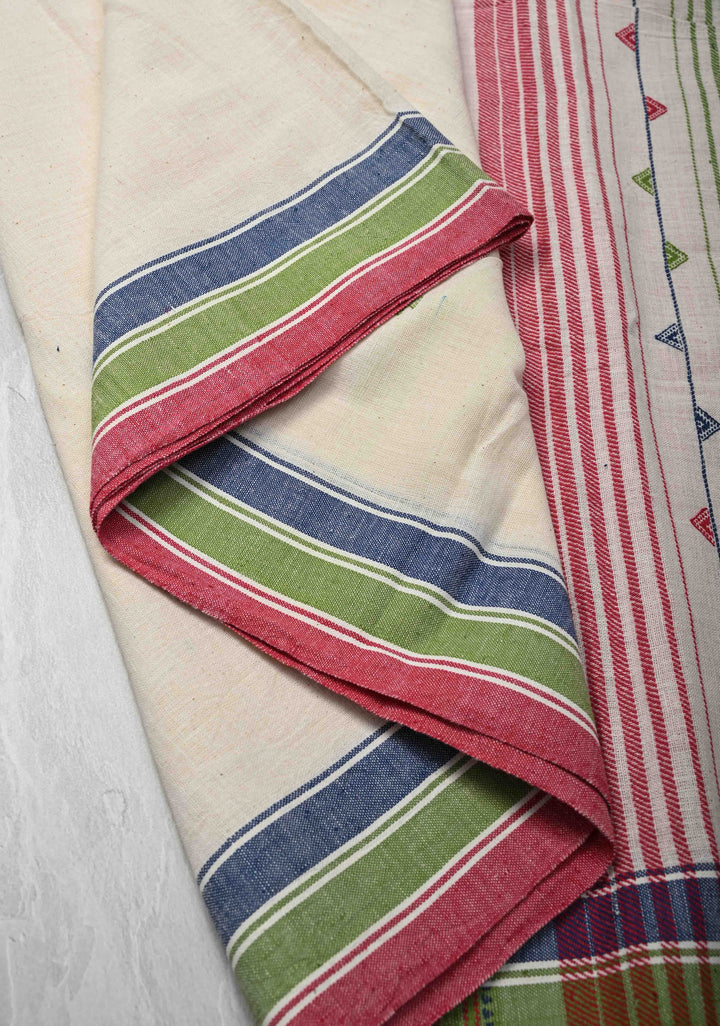 Off-White Bhujodi Kala Cotton Saree with Meenakari Resham Buttas And Multicolor Stripes border  and honeycomb tassels