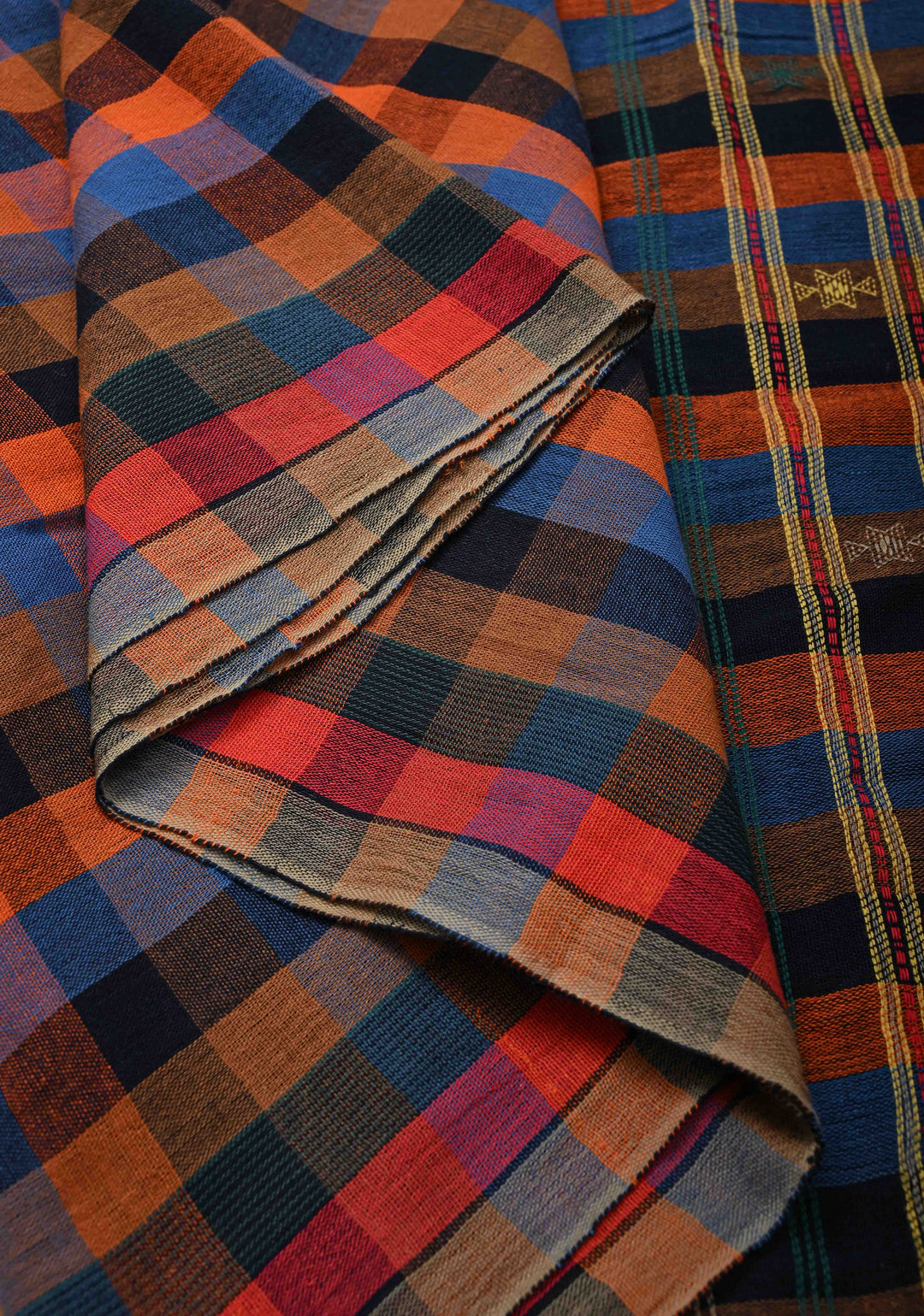 Borderless Multicolor Bhujodi Kala Cotton Saree  and honeycomb tassels
