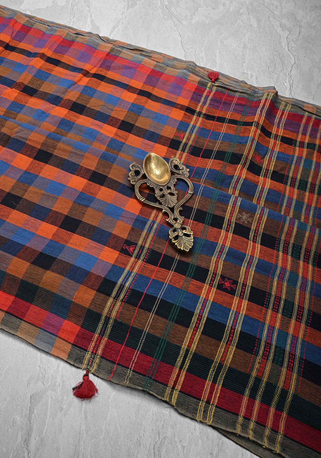 Borderless Multicolor Bhujodi Kala Cotton Saree  and honeycomb tassels