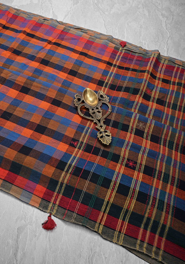 Borderless Multicolor Bhujodi Kala Cotton Saree  and honeycomb tassels