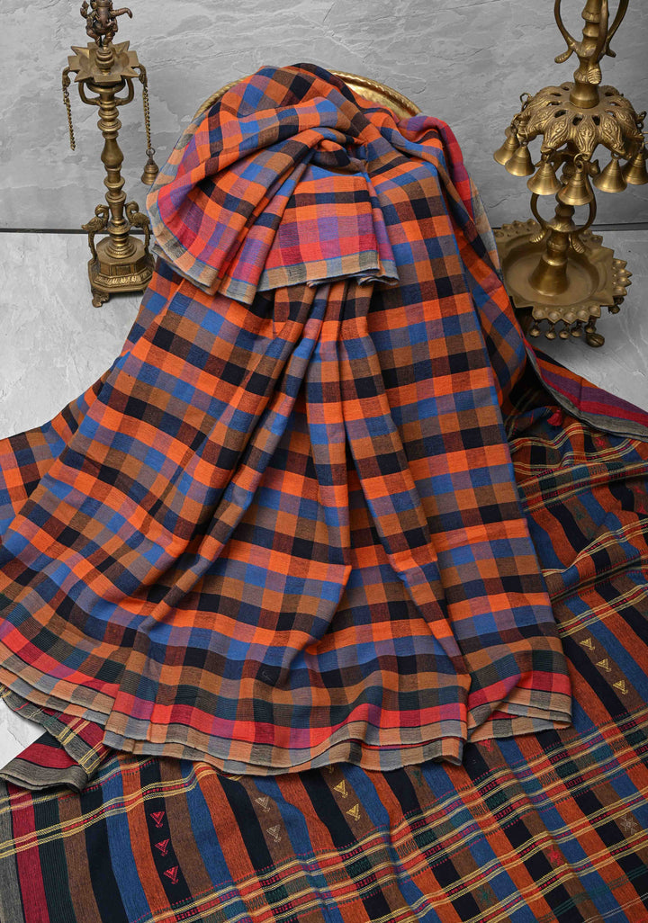 Borderless Multicolor Bhujodi Kala Cotton Saree  and honeycomb tassels