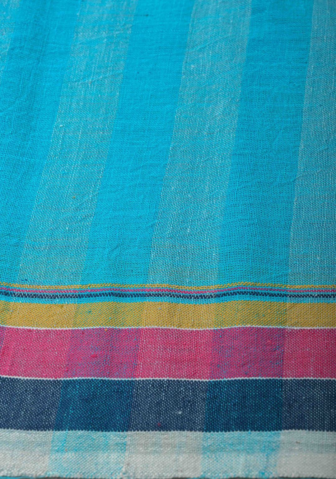 Light Blue Handloom Bhujodi Kala Cotton Saree with Multicolor Stripes border  and honeycomb tassels