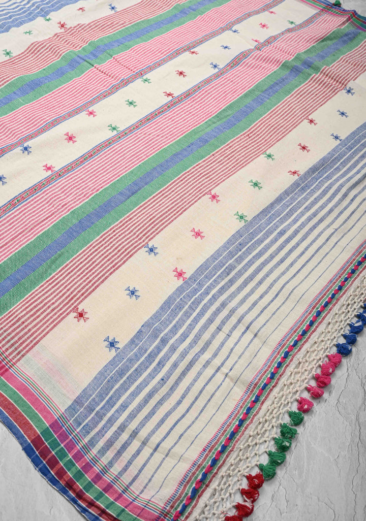 Off White Handloom Bhujodi Kala Cotton Saree with Multicolor Stripes and border