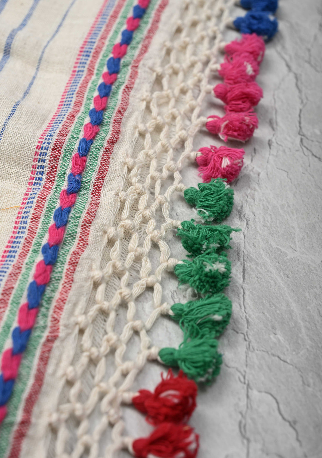 Off White Handloom Bhujodi Kala Cotton Saree with Multicolor Stripes and border