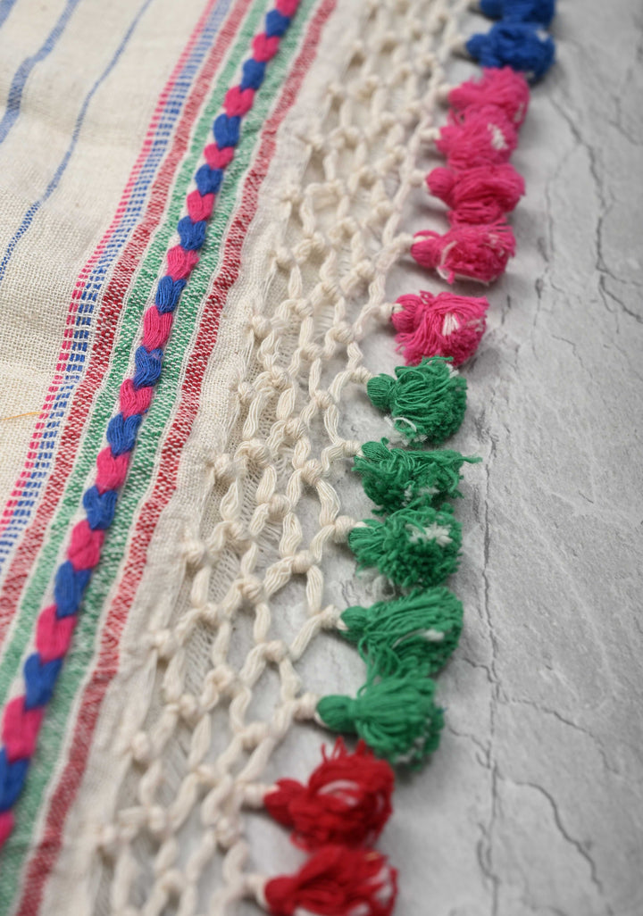 Off White Handloom Bhujodi Kala Cotton Saree with Multicolor Stripes and border