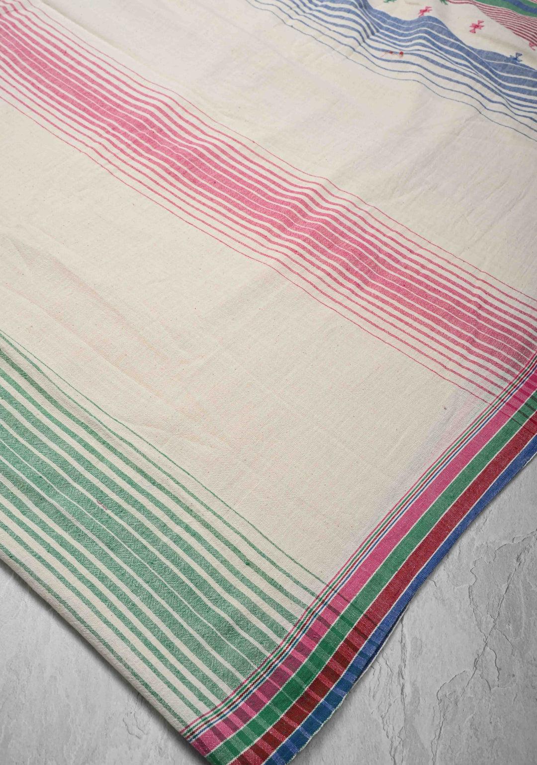 Off White Handloom Bhujodi Kala Cotton Saree with Multicolor Stripes and border