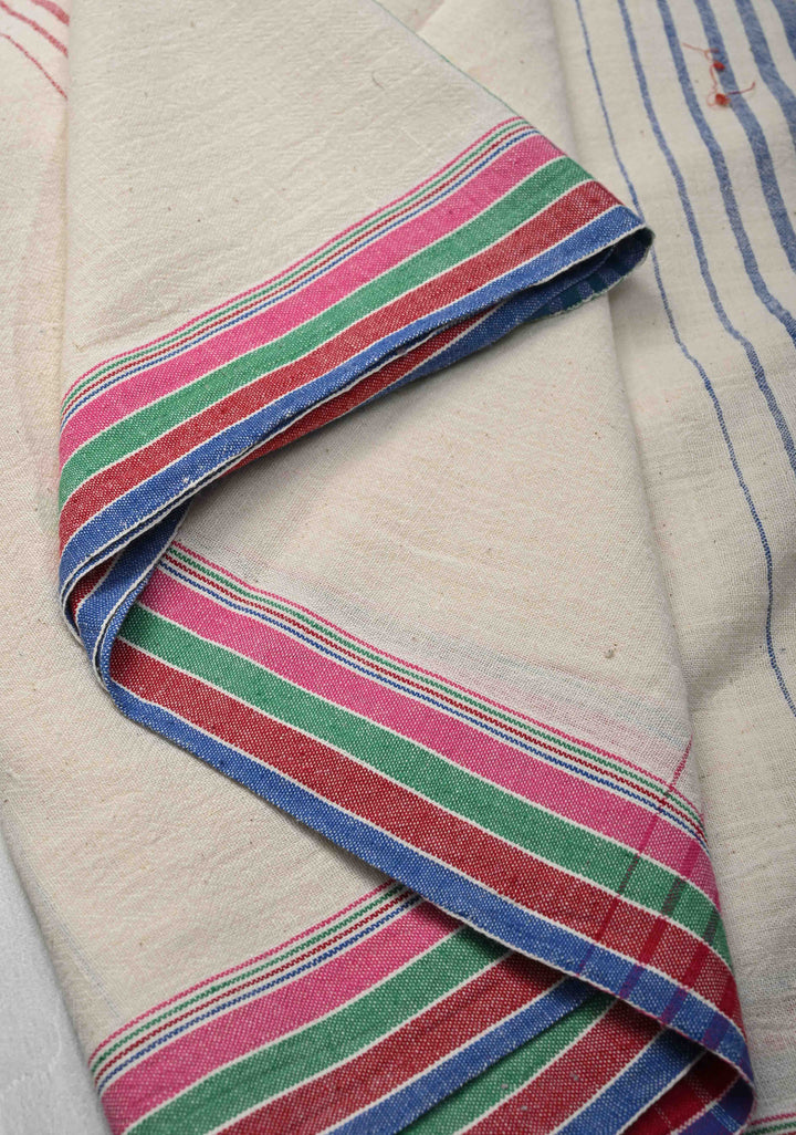 Off White Handloom Bhujodi Kala Cotton Saree with Multicolor Stripes and border