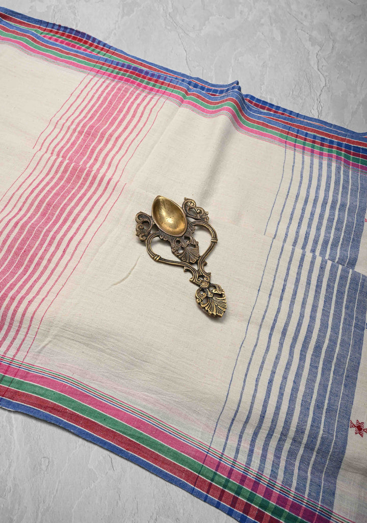 Off White Handloom Bhujodi Kala Cotton Saree with Multicolor Stripes and border
