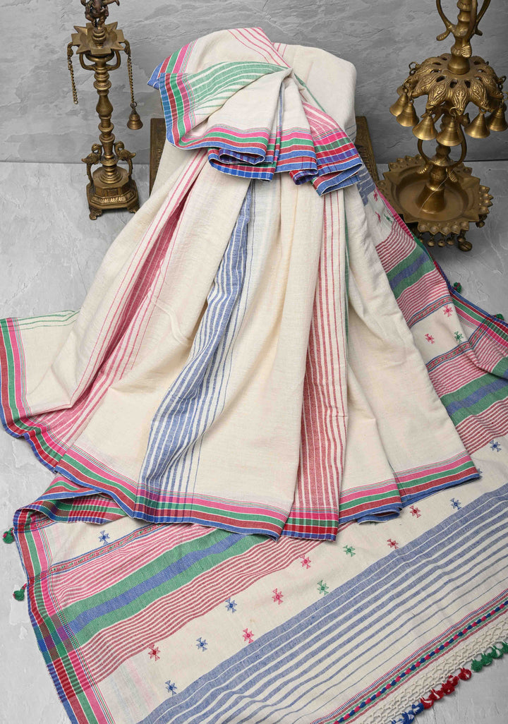Off White Handloom Bhujodi Kala Cotton Saree with Multicolor Stripes and border