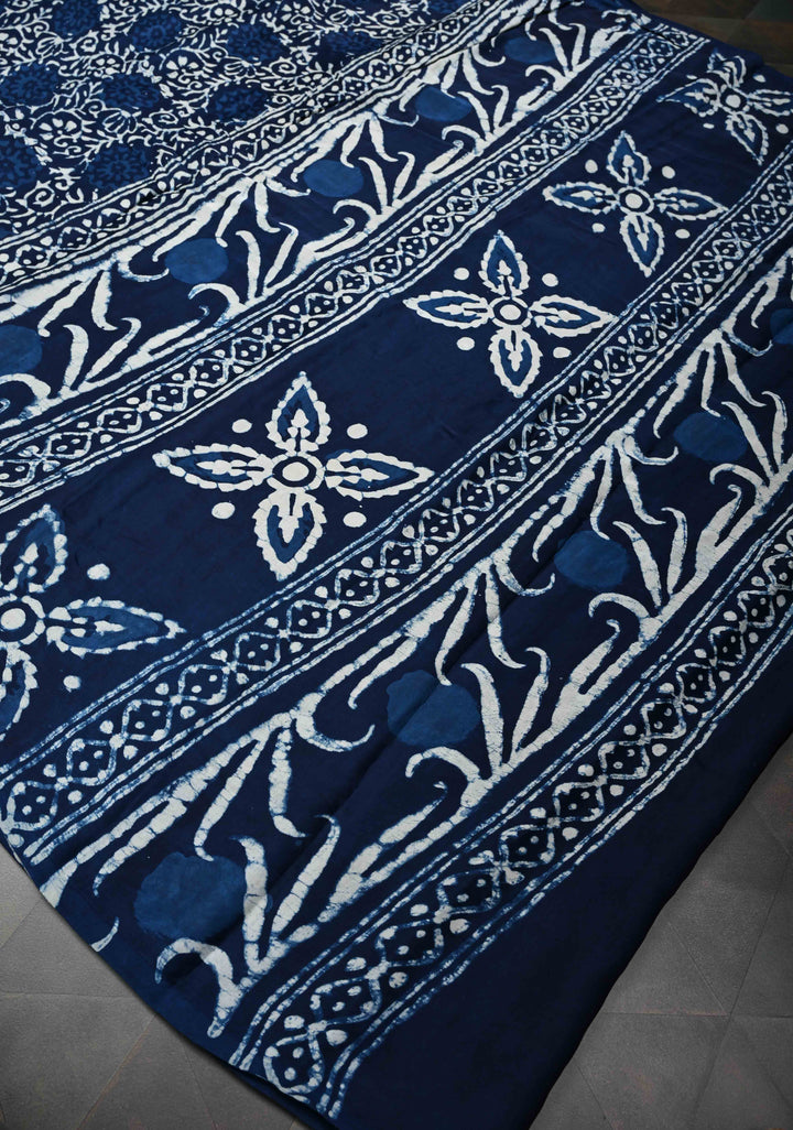 Floral Bagru Hand Block Print on Modal Silk Saree in Indigo