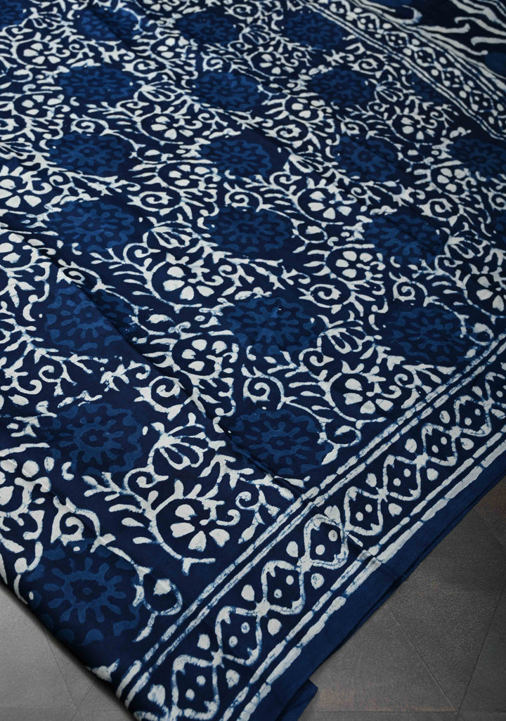 Floral Bagru Hand Block Print on Modal Silk Saree in Indigo