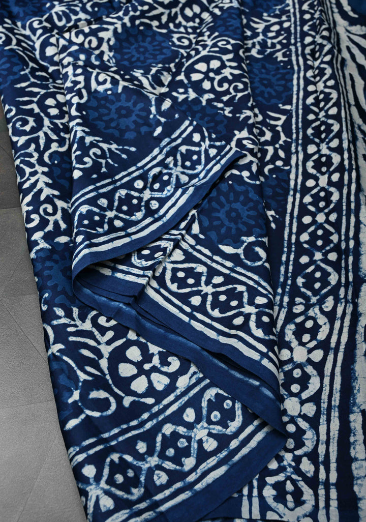 Floral Bagru Hand Block Print on Modal Silk Saree in Indigo