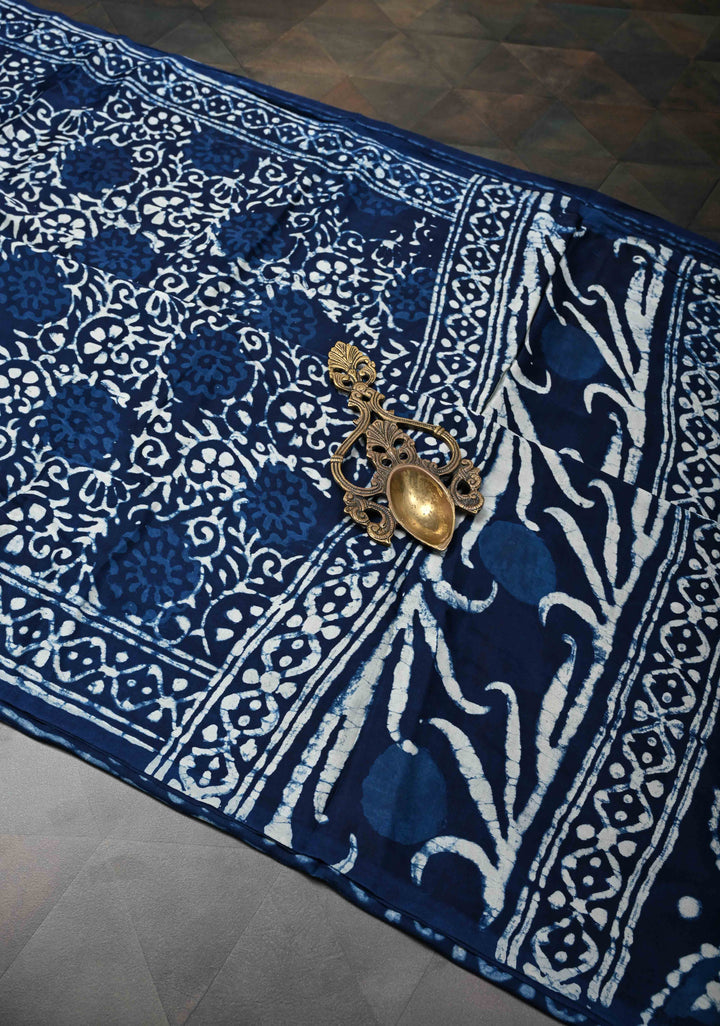 Floral Bagru Hand Block Print on Modal Silk Saree in Indigo