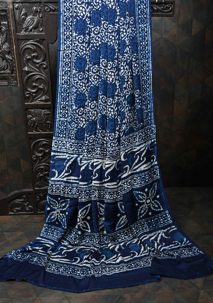 Floral Bagru Hand Block Print on Modal Silk Saree in Indigo