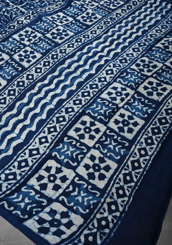 Floral Bagru Hand Block Print on Modal Silk Saree in Indigo
