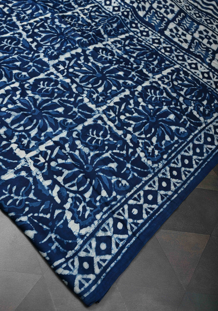 Floral Bagru Hand Block Print on Modal Silk Saree in Indigo