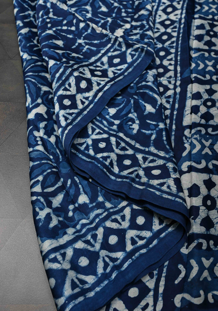 Floral Bagru Hand Block Print on Modal Silk Saree in Indigo