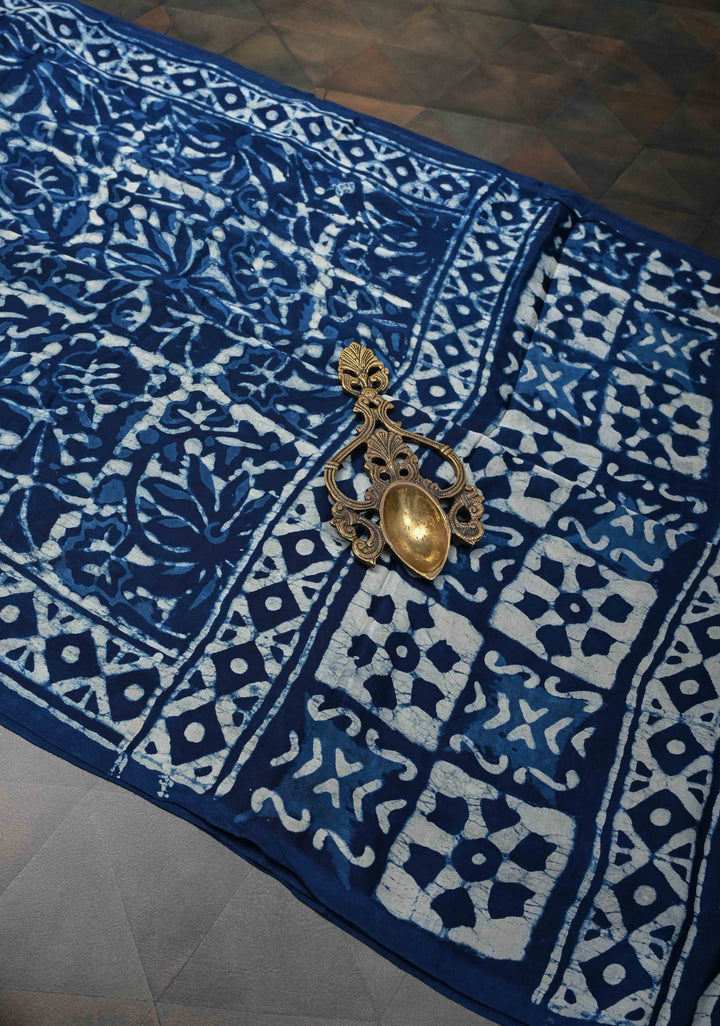 Floral Bagru Hand Block Print on Modal Silk Saree in Indigo