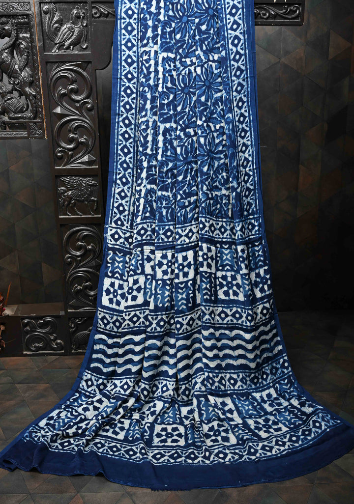 Floral Bagru Hand Block Print on Modal Silk Saree in Indigo