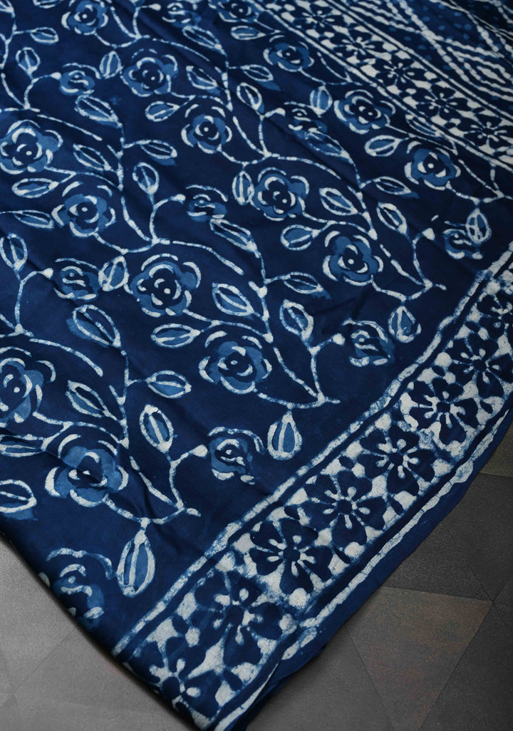 Rose Vine Bagru Hand Block Print on Modal Silk Saree in Indigo