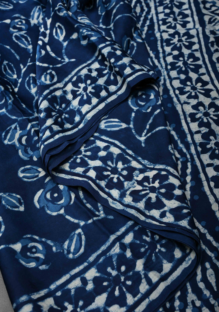 Rose Vine Bagru Hand Block Print on Modal Silk Saree in Indigo