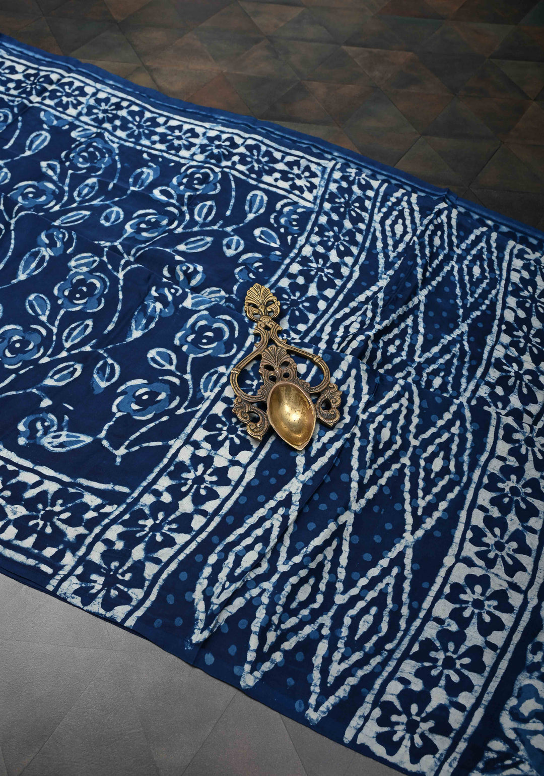 Rose Vine Bagru Hand Block Print on Modal Silk Saree in Indigo