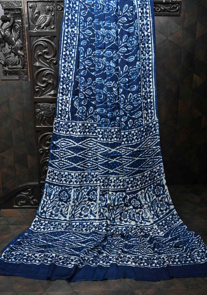 Rose Vine Bagru Hand Block Print on Modal Silk Saree in Indigo