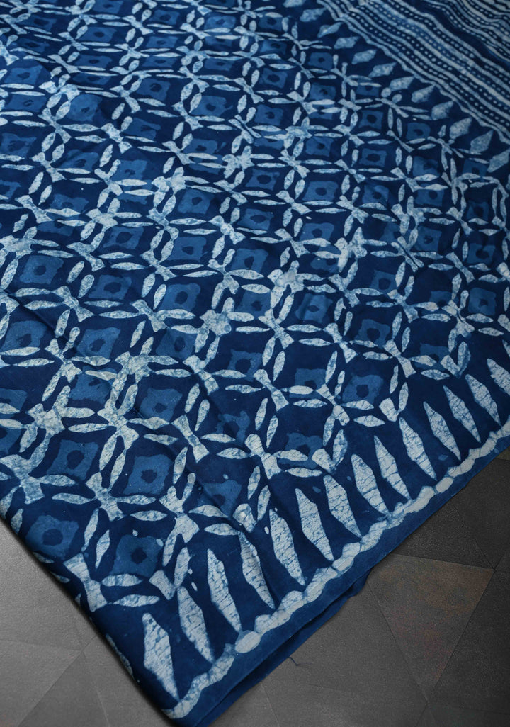 Indigo Modal Silk Saree with Jaal Pattern Bagru Hand Block Print