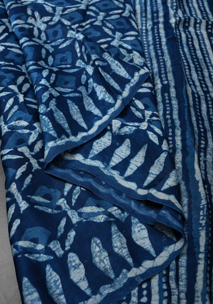 Indigo Modal Silk Saree with Jaal Pattern Bagru Hand Block Print