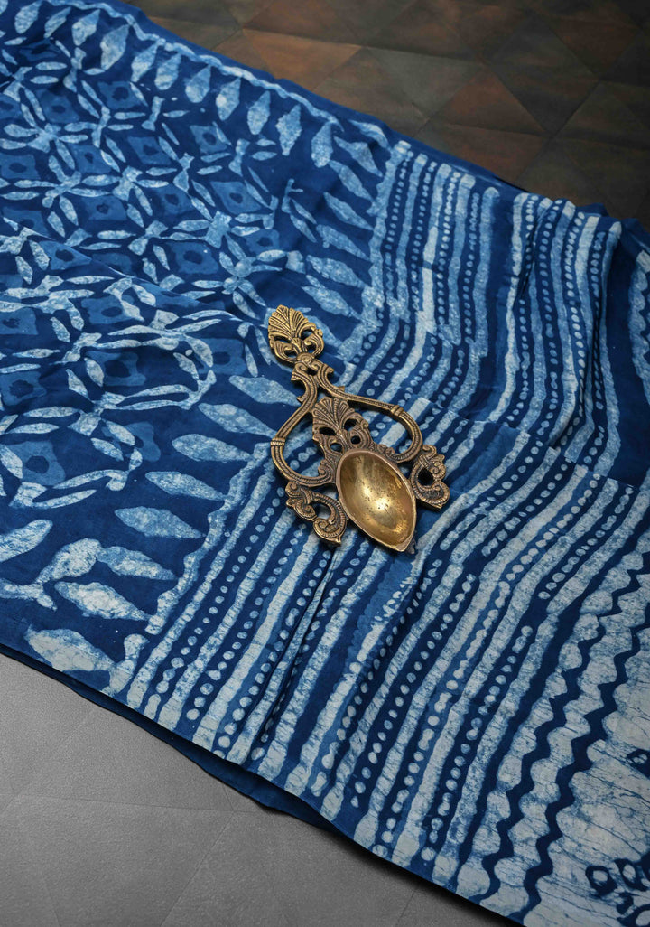 Indigo Modal Silk Saree with Jaal Pattern Bagru Hand Block Print