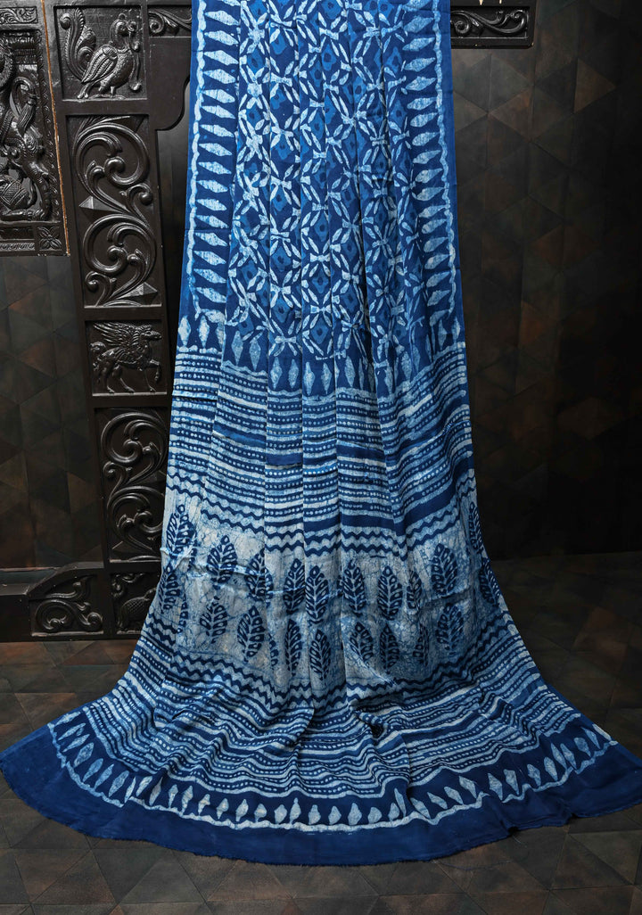 Indigo Modal Silk Saree with Jaal Pattern Bagru Hand Block Print