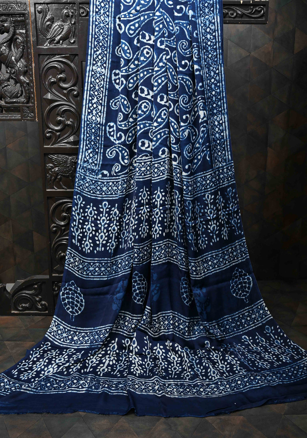 Paisley Design Bagru Hand Block Print on Modal Silk Saree in Indigo