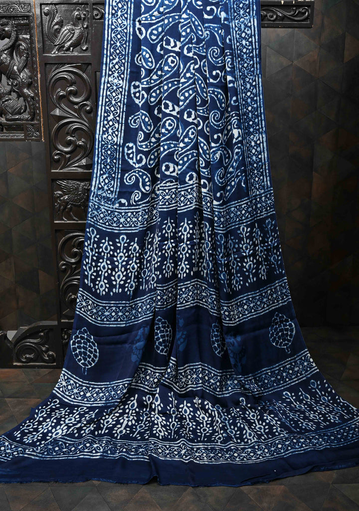 Paisley Design Bagru Hand Block Print on Modal Silk Saree in Indigo