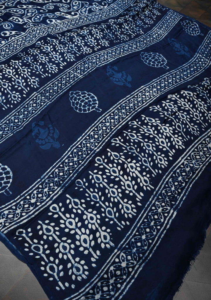 Paisley Design Bagru Hand Block Print on Modal Silk Saree in Indigo
